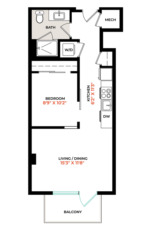 Floor plan for studio, 1 bath, 549 sqft
